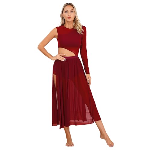 Hansber Damen Ballett Tanzkleid Eiskunstlauf Kleid Mit mit Mesh Langarm Trikotkleid Rumba Tango Ballsaal Kleid Tanzkostüme Burgundy M von Hansber