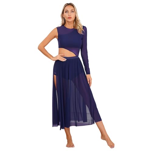 Hansber Damen Ballett Tanzkleid Eiskunstlauf Kleid Mit mit Mesh Langarm Trikotkleid Rumba Tango Ballsaal Kleid Tanzkostüme Navy blau XXL von Hansber