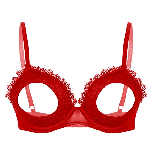 Hansber Damen Bra Hollow Out Netz BH Ohne Bügel Durchsichtig Sexy Büstenhebe Erotik Dessous Reizwäsche Cutout Nachtwäsche Nachtwear Clubwear M Rot L von Hansber