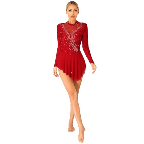 Hansber Damen Eislaufkleid Ballettkleid Tanzkleider Langarm Balletttrikot Turnanzug Mit Rock Glitters Strass Tanzkleidung Ballett Dancewear Burgundy L von Hansber