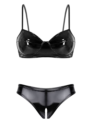 Hansber Damen Lack Leder BH Set BH Und Ouvert String Spaghettiträger Push Up Bügel BH Unterwäsche Lingerie Tanga Dessous Sets Schwarz S von Hansber