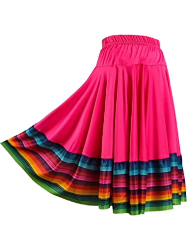 Hansber Damen Langer Rock Flamenco Tanzrock mit Bunte Streifen Gefaltet Midirock Latein Modern Jazz Swingrock Dancewear Hot Pink 55cm lang XL von Hansber