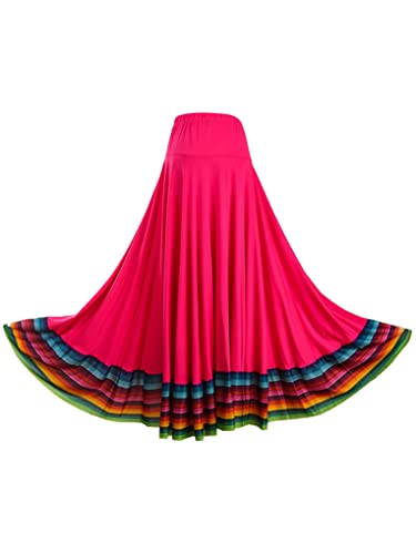 Hansber Damen Langer Rock Flamenco Tanzrock mit Bunte Streifen Gefaltet Midirock Latein Modern Jazz Swingrock Dancewear Hot Pink 87cm lang L von Hansber