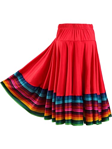 Hansber Damen Langer Rock Flamenco Tanzrock mit Bunte Streifen Gefaltet Midirock Latein Modern Jazz Swingrock Dancewear Rot 55cm lang 5XL von Hansber