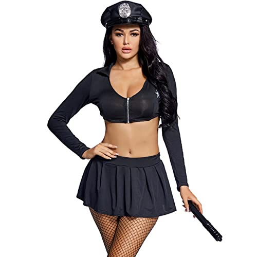 Hansber Damen Polizei Kostüm Lady Police Cosplay Frauen Sexy Polizistin Uniform Frech Offizier Outfit Sexy Cop Kleid Hut Gürtel Handschellen Set D Schwarz S von Hansber