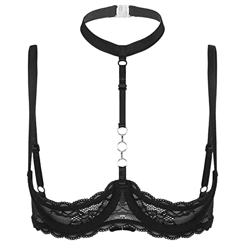 Hansber Damen Spitzen Bra Ouvert BH Offene Brust Büstenhebe Push Up Unterbrust Bra Sexy Erotik Reizwäsche Reizvolle Nachtwäsche Schwarz 3XL von Hansber