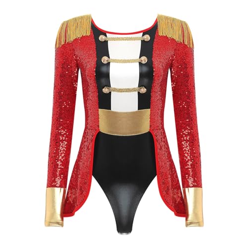 Hansber Damen Zirkus Direktorin Kostüm Langarm Pailletten Bodysuit Einteiler Body mit Fransen Halloween Fasching Kostüm Rot L von Hansber