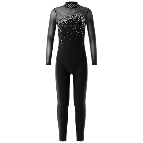 Hansber Kinder Mädchen Gymnastikanzug Langarm Turnanzug Ganzkörper Body Ganzkörperanzug Tanzbody Bodysuit Sportanzug Turnen Ballett Training Schwarz 122-128 von Hansber