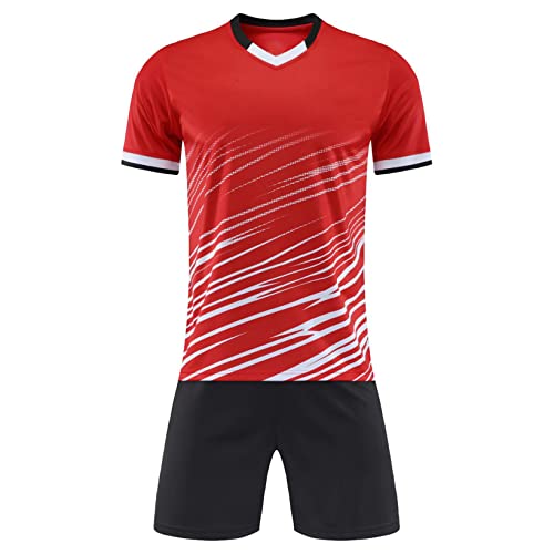 Hansber Jungen Sportanzug Trainingsshirt Sportshirt Trainingsshorts Sport Shorts Kinder Trainingsanzug Outwear Fußball Fitness Gr. 122-164 Rot D 116-122 von Hansber