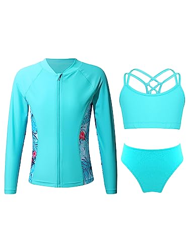 Hansber Kinder Badeset UV-Schutz Badeanzug Mädchen Langarm Shirt +`Top + Shorts Sommer Tankini Schwimmanzug Strandwear See Grün A 122-128 von Hansber