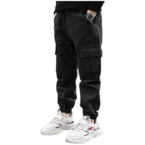 Hansber Kinder Jungen Arbeitshose Einfarbige/Camouflage Tarnhose Cargo Stil Sommerhose Freizeithose Tracksuit Sportanzug Gr. 98-164 B Schwarz 158-164 von Hansber