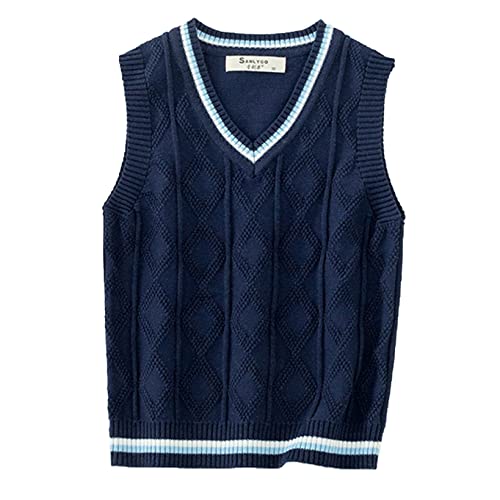 Hansber Kinder Jungen Baumwolle Pullunder V-Ausschnitt Strickweste Ärmellos Weste Top Comfort Fit Sweatshirt Kleinkind Outfit Freizeitanzug Gr. 86-140 Dunkel Navy F 110-116 von Hansber