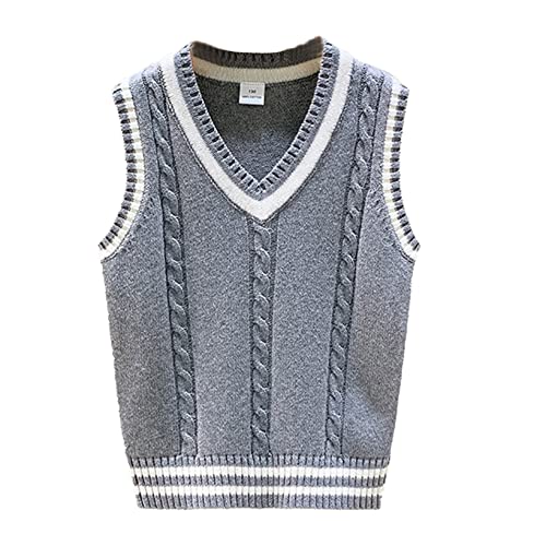 Hansber Kinder Jungen Baumwolle Pullunder V-Ausschnitt Strickweste Ärmellos Weste Top Comfort Fit Sweatshirt Kleinkind Outfit Freizeitanzug Gr. 86-140 Grau D 98-104 von Hansber