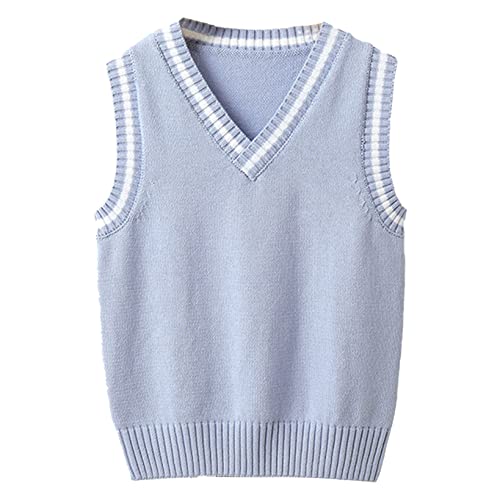 Hansber Kinder Jungen Baumwolle Pullunder V-Ausschnitt Strickweste Ärmellos Weste Top Comfort Fit Sweatshirt Kleinkind Outfit Freizeitanzug Gr. 86-140 Hellblau G 92-98 von Hansber