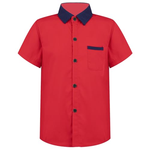 Hansber Kinder Jungen Hemd Kentkragen Kurzarmhemd Kurzarm Shirt Trachtenhemd Sommer Hemd Oberbekleidung Sommer Kleidung A Rot 158-164 von Hansber