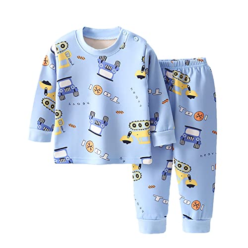 Hansber Kinder Jungen Schlafanzug Zweiteiler Pyjama Singlet Raumschiff Muster Schlafshirts Mit Lange Hose Kleinkind Outfit Herbst Winter Hausanzug Gr. 80-140 C Blau&Bagger 92-98 von Hansber