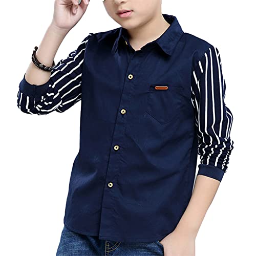 Hansber Kinder Jungen Shirt Baumwolle Langarmshirt Langarmhemd Freizeithemd Oberteil Top Langarm Tunika Poloshirt Freizeit Herbst Frühling Navy Blau 134-140 von Hansber