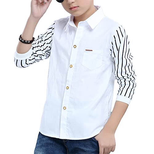 Hansber Kinder Jungen Shirt Baumwolle Langarmshirt Langarmhemd Freizeithemd Oberteil Top Langarm Tunika Poloshirt Freizeit Herbst Frühling Weiss 134-140 von Hansber