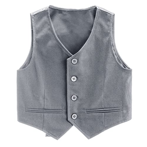 Hansber Kinder Jungen Weste Einfarbige Vest Top Pailletten Glitters Ärmellos Einreiher Anzugweste Oberteil Tanktop Karneval Fasching Festzug Gr. 92-164 Grau D 158-164 von Hansber