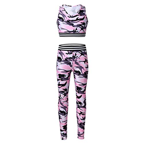 Hansber Kinder Mädchen Bekleidungsset Camouflage Tank Top Schöner Rücken Racerback Oberteil Lange Leggings Hose Sporthose Sportanzug Freizeitanzug Gr. 110-164 Rosa 110-116 von Hansber