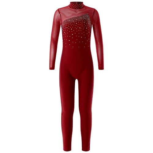 Hansber Kinder Mädchen Gymnastikanzug Langarm Turnanzug Ganzkörper Body Ganzkörperanzug Tanzbody Bodysuit Sportanzug Turnen Ballett Training Burgundy 110-116 von Hansber