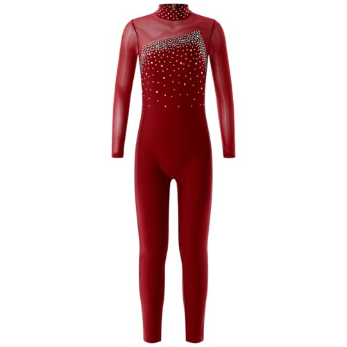 Hansber Kinder Mädchen Gymnastikanzug Langarm Turnanzug Ganzkörper Body Ganzkörperanzug Tanzbody Bodysuit Sportanzug Turnen Ballett Training Burgundy 134-140 von Hansber