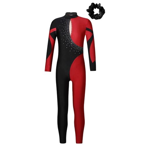 Hansber Kinder Mädchen Gymnastikanzug Langarm Turnanzug Ganzkörper Body Ganzkörperanzug Tanzbody Bodysuit Sportanzug Turnen Ballett Training Burgundy&Schwarz C 122-128 von Hansber