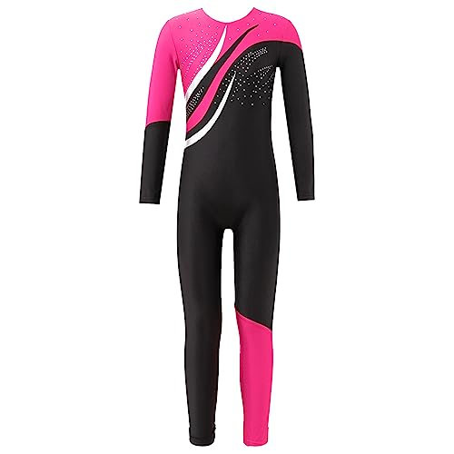 Hansber Kinder Mädchen Gymnastikanzug Langarm Turnanzug Ganzkörper Body Ganzkörperanzug Tanzbody Bodysuit Sportanzug Turnen Ballett Training Hot Pink A 122-128 von Hansber