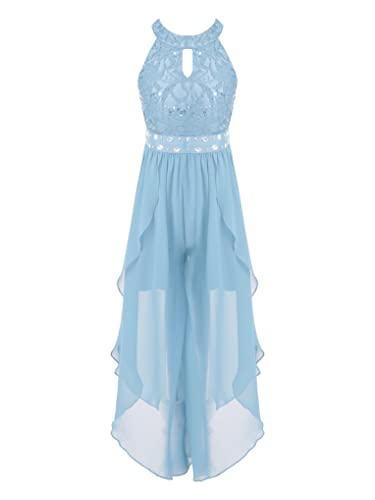 Hansber Kinder Mädchen Halter Kleider Blumenspitzen Midikleid mit Weites Bein Hosenrock Chiffon Tanzkleider Geburtstag Outfit Himmelblau 146-152 von Hansber