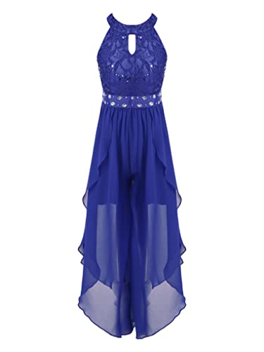 Hansber Kinder Mädchen Halter Kleider Blumenspitzen Midikleid mit Weites Bein Hosenrock Chiffon Tanzkleider Geburtstag Outfit Royal Blau 134-140 von Hansber