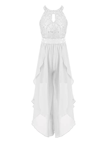 Hansber Kinder Mädchen Halter Kleider Blumenspitzen Midikleid mit Weites Bein Hosenrock Chiffon Tanzkleider Geburtstag Outfit Weiß 134-140 von Hansber