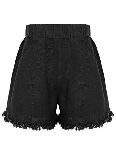 Hansber Kinder Mädchen Jean Shorts Einfarbige Kurze Hose Mit Blumenmuster Dekorative Gürtel Sommer Kleidung Outfit Freizeitanzug Alltag Gr. 104-152 Schwarz N 146-152 von Hansber