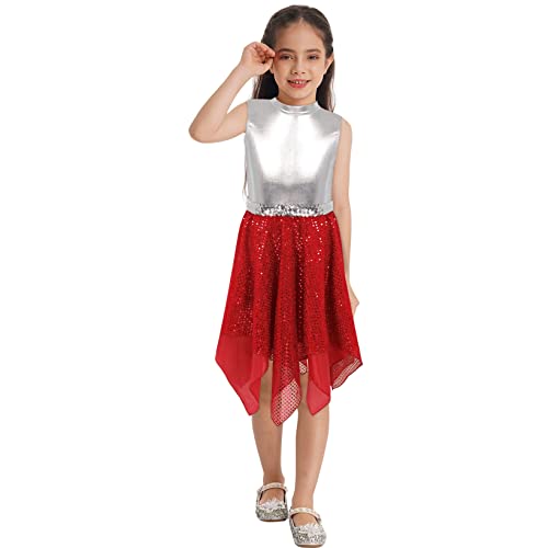 Hansber Kinder Mädchen Lyrisches Tanzkleid Pailletten Ballettkleid Ärmellos Performance Kleid Unregelmäßig Saum Gymnastik Eiskunstlauf Show B Rot 122-128 von Hansber