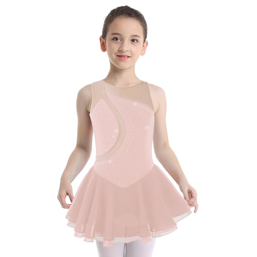 Hansber Kinder Mädchen Rollschuhkleid Ärmellos Ballettkleid Ballett Trikot Tanzbody Gymnastik Leotard Mit Mesh Rock Eiskunstlauf Show D Rosa 164 von Hansber