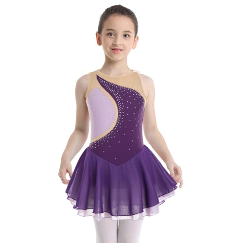 Hansber Kinder Mädchen Rollschuhkleid Ärmellos Ballettkleid Ballett Trikot Tanzbody Gymnastik Leotard Mit Mesh Rock Eiskunstlauf Show D Violett 140 von Hansber