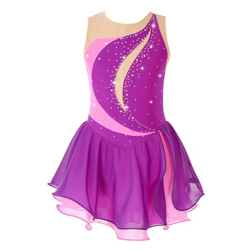 Hansber Kinder Mädchen Rollschuhkleid Ärmellos Ballettkleid Ballett Trikot Tanzbody Gymnastik Leotard Mit Mesh Rock Eiskunstlauf Show E Violett 152 von Hansber