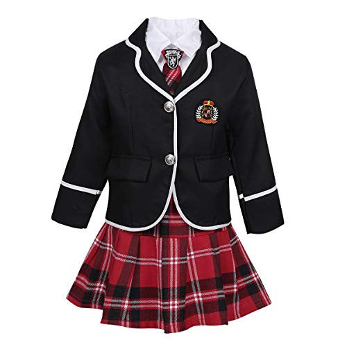 Hansber Kinder Mädchen Schuluniform 4 Set Jacke Anzugmantel Langarm Hemd Plaid Kariert Faltenrock Krawatte Schulmädchen Alltag Schultag Fasching Gr. 104-164 Schwarz 128-140 von Hansber