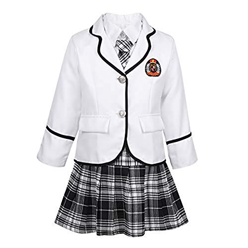 Hansber Kinder Mädchen Schuluniform 4 Set Jacke Anzugmantel Langarm Hemd Plaid Kariert Faltenrock Krawatte Schulmädchen Alltag Schultag Fasching Gr. 104-164 Weiss 140-152 von Hansber