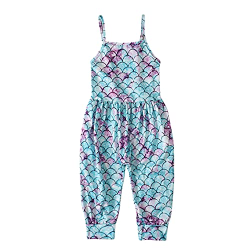 Hansber Kinder Mädchen Sommer Outfit Loose Fit Jumpsuit Schulterfrei Oberteil Rüsche Body Blumen Bedruckte Overalls Freizeitanzug Alltag Gr. 98-140 A Fischschuppen 98-104 von Hansber