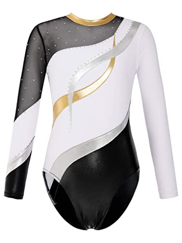 Hansber Kinder Mädchen Tanz Leotard Langarm Balettanzug Streifen Ballett Trikot Glitzer Mesh Spleiß Turnanzug Gymnastik Fitness Yoga Outfits Dancewear Weiß 146-152 von Hansber