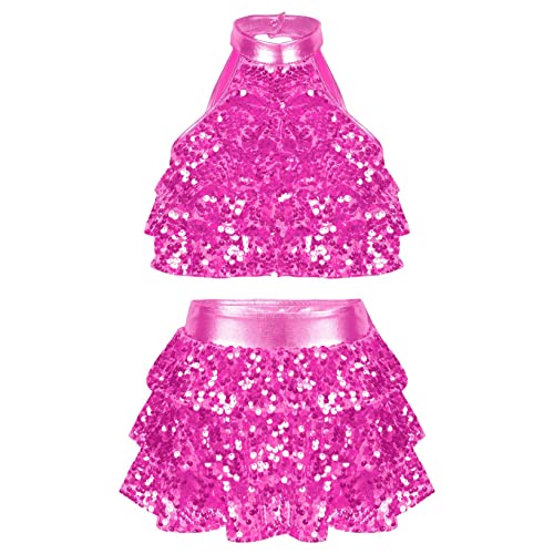 Hansber Kinder Mädchen Tanzbekleidung Set Glänzend Pailletten Tanz Outfit Crop Top Oberteil Mini Rock Hosenrock Ballett Tanzen Performance A Hot Pink 146-152 von Hansber