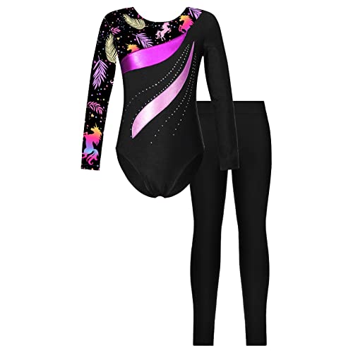 Hansber Kinder Mädchen Zweiteiler Gymnastikanzug Turnanzug Ganzkörperanzug Ganzkörper Body Ballett Trikot Tanzbody mit Leggings Sportwear E Blätter 122-128 von Hansber