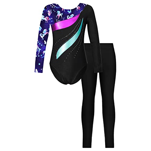 Hansber Kinder Mädchen Zweiteiler Gymnastikanzug Turnanzug Ganzkörperanzug Ganzkörper Body Ballett Trikot Tanzbody mit Leggings Sportwear E Fee 122-128 von Hansber