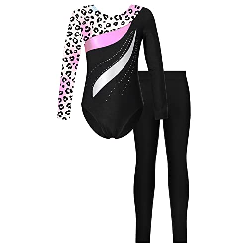 Hansber Kinder Mädchen Zweiteiler Gymnastikanzug Turnanzug Ganzkörperanzug Ganzkörper Body Ballett Trikot Tanzbody mit Leggings Sportwear E Leopard 122-128 von Hansber