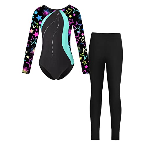 Hansber Kinder Mädchen Zweiteiler Gymnastikanzug Turnanzug Ganzkörperanzug Ganzkörper Body Ballett Trikot Tanzbody mit Leggings Sportwear F Blau Grün 134-140 von Hansber