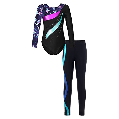 Hansber Kinder Mädchen Zweiteiler Gymnastikanzug Turnanzug Ganzkörperanzug Ganzkörper Body Ballett Trikot Tanzbody mit Leggings Sportwear Navy Blau 122-128 von Hansber