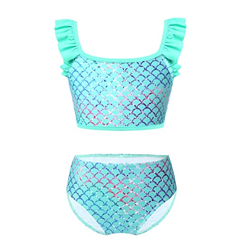 Hansber Kinder Mädchen Zweiteiliger Badeanzug Bade Set aus Rüschen Träger Bikinioberteil und Brasilien Bikini Slip für Strand Pool Urlaub Grün 128 von Hansber