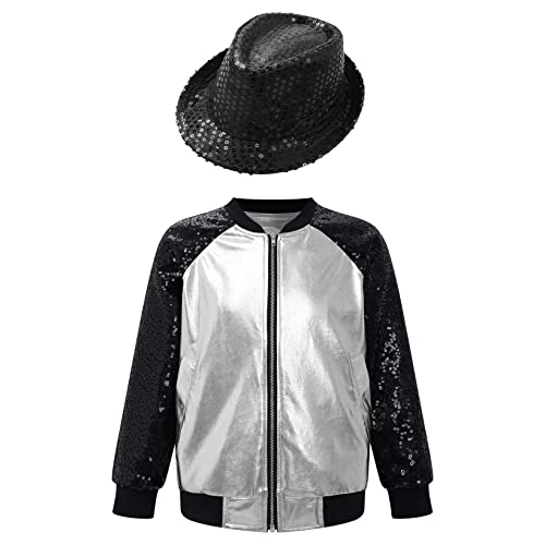 Hansber Kinder Pailletten Jacke mit Reisverschluss und Partyhut Zylinder Fedora Mütze Hip Hop Show Bühne Oberbekleidung Kopfbedeckung für Mädchen Jungen Silber&Schwarz 158-164 von Hansber