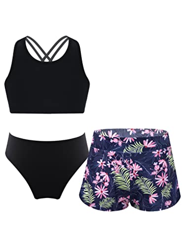 Hansber Mädchen Bikini Tankini Set Tank Top+Shorts + Slips Dreiteiler Badeanzug Bademode Kinder Badebekleidungsset Sport Set Gr.122-176 Blumen 134-140 von Hansber