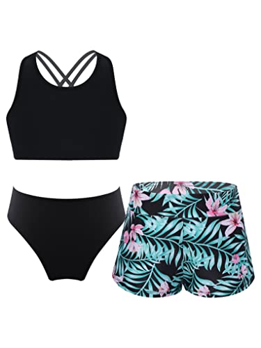 Hansber Mädchen Bikini Tankini Set Tank Top+Shorts + Slips Dreiteiler Badeanzug Bademode Kinder Badebekleidungsset Sport Set Gr.122-176 Lilie 134-140 von Hansber